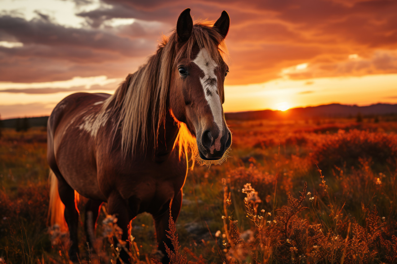 Harmony meadow horse under sunrise, beautiful sunrise image