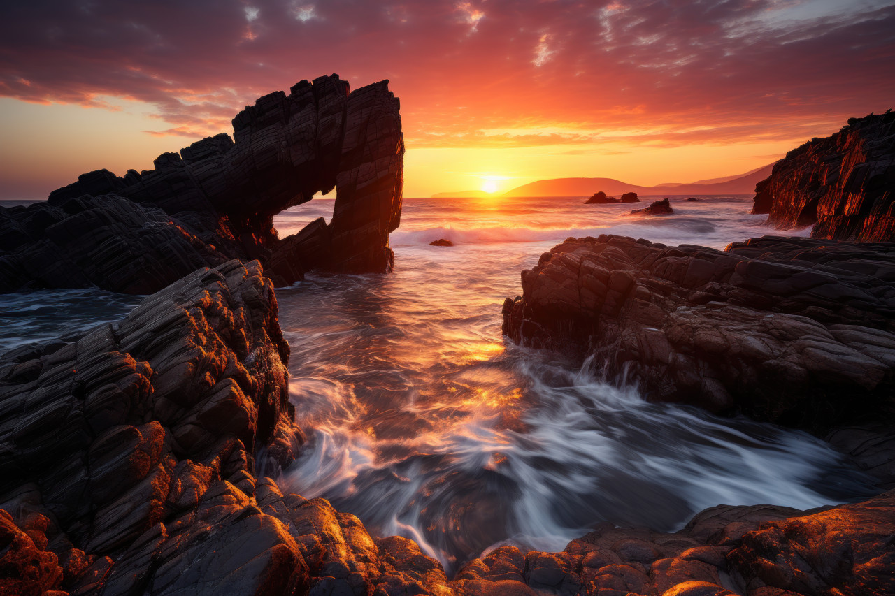 Coastal arch framing sunset beauty, beautiful sunrise image
