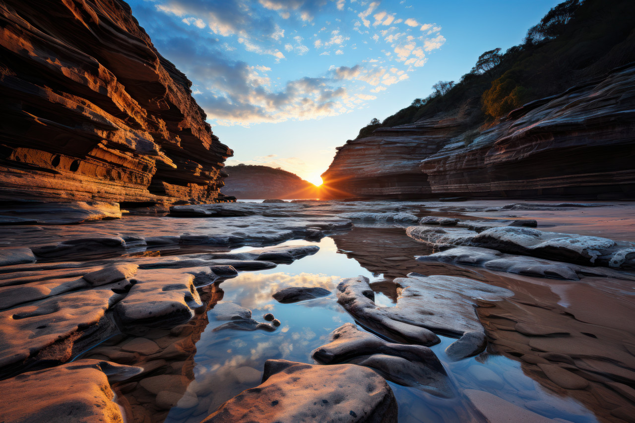 Sunrise reflection pool on rocky shore, beautiful sunrise image