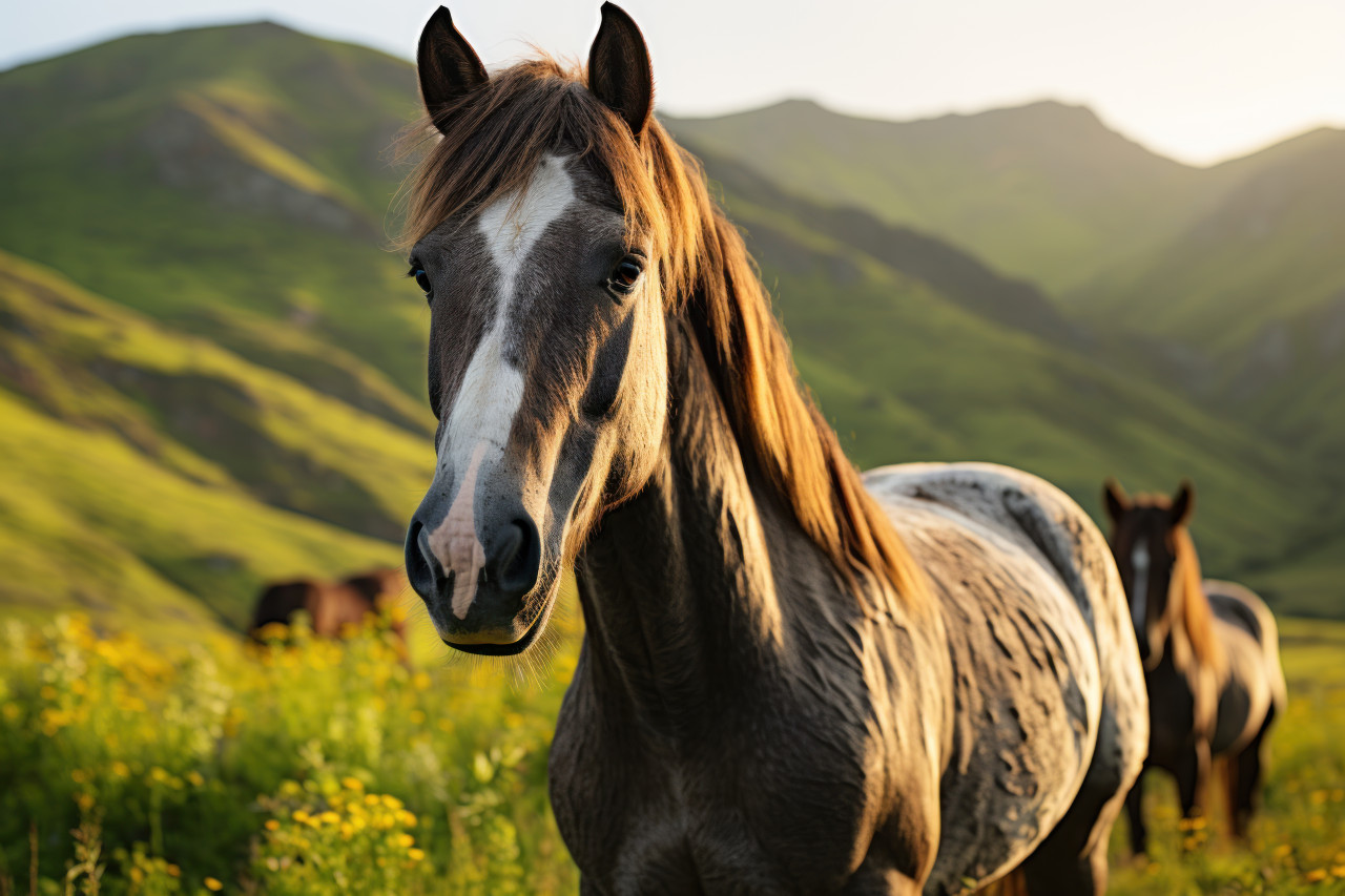 Morning light amidst wild horse, beautiful sunrise image