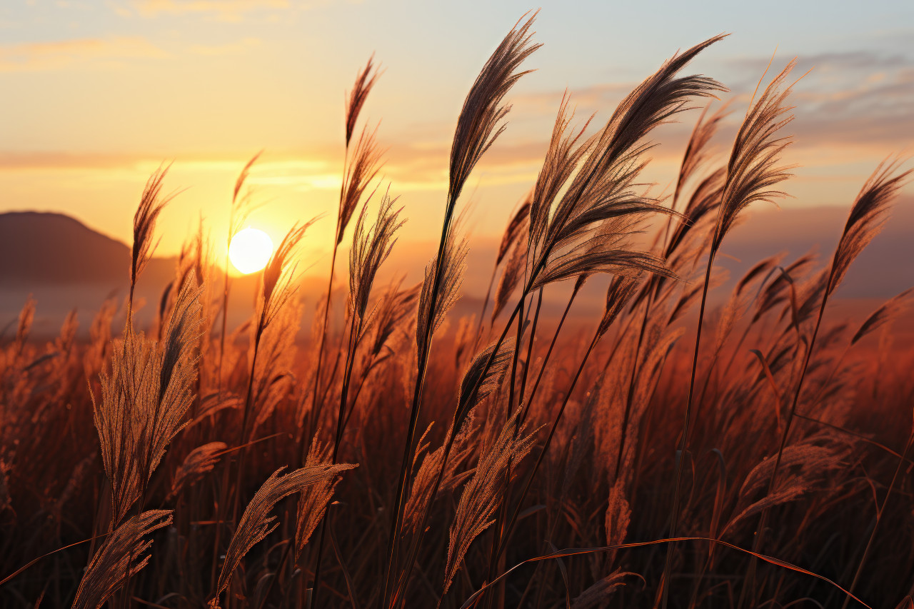 Sun awakening the prairie tall grass, beautiful sunrise image