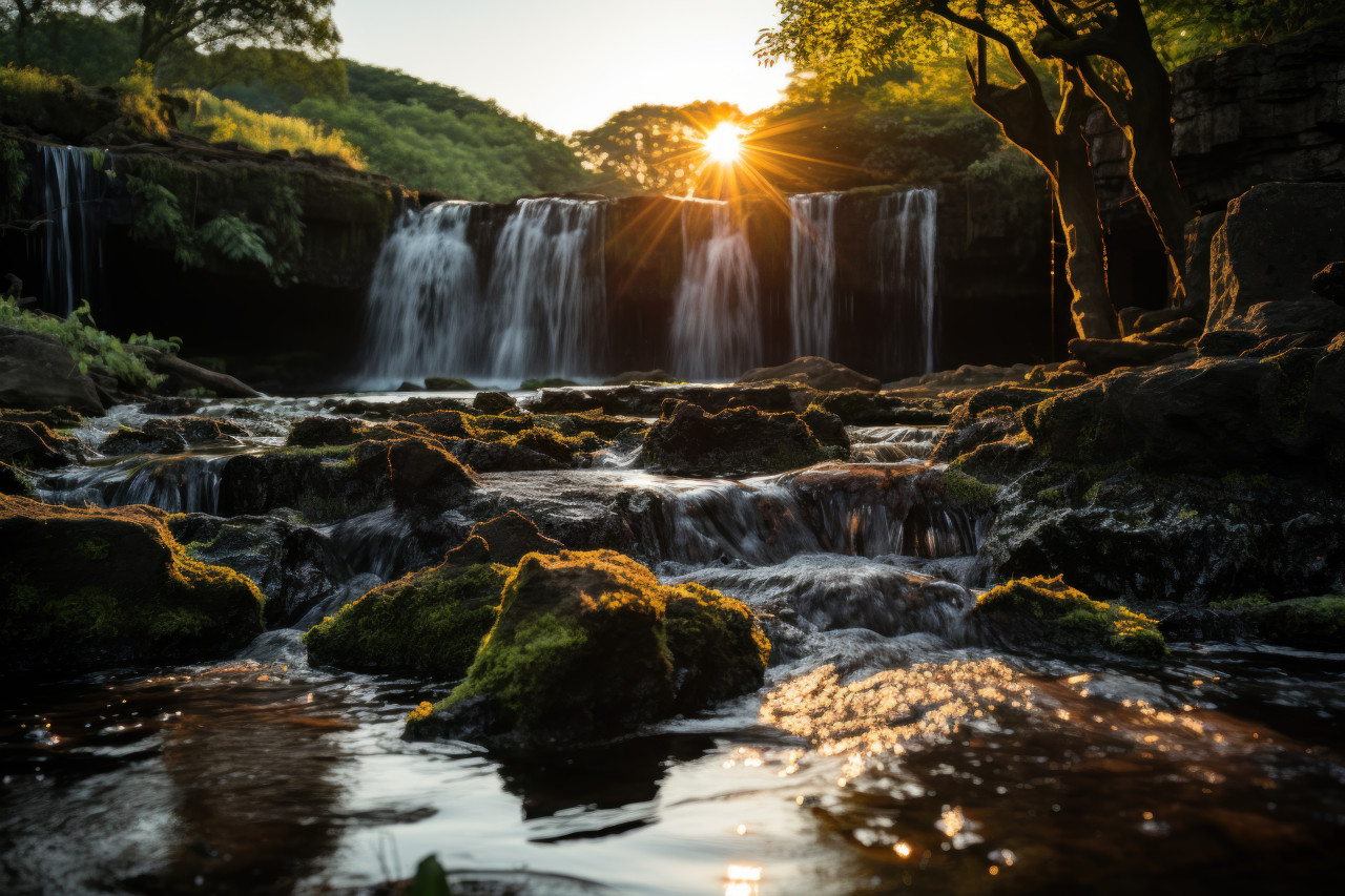Waterfall sunset serenade play of light and shadow, beautiful sunrise image