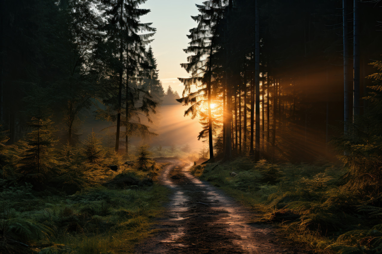 Mystic dawn forest ethereal glow in morning mist, beautiful sunrise image