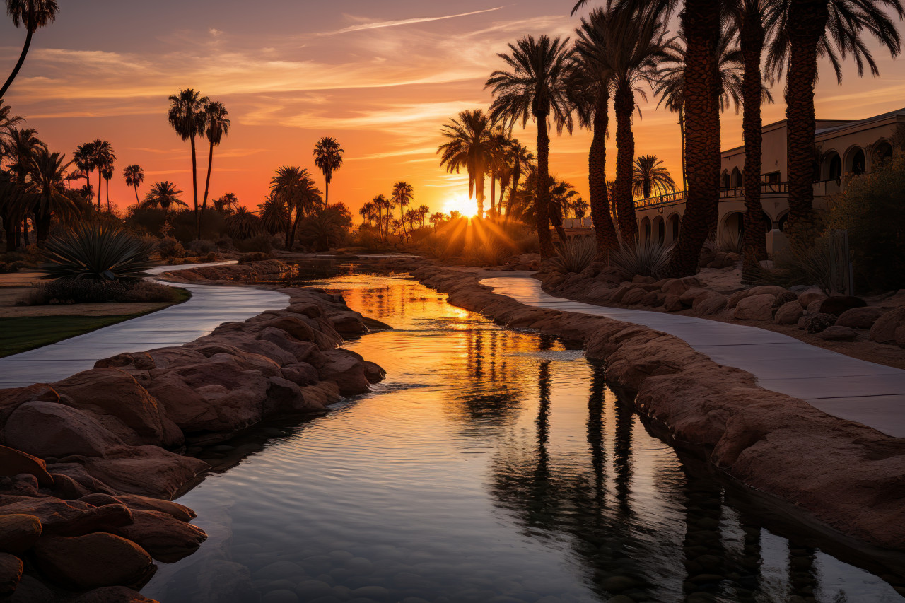 Serene oasis amidst evening glow, beautiful sunrise image