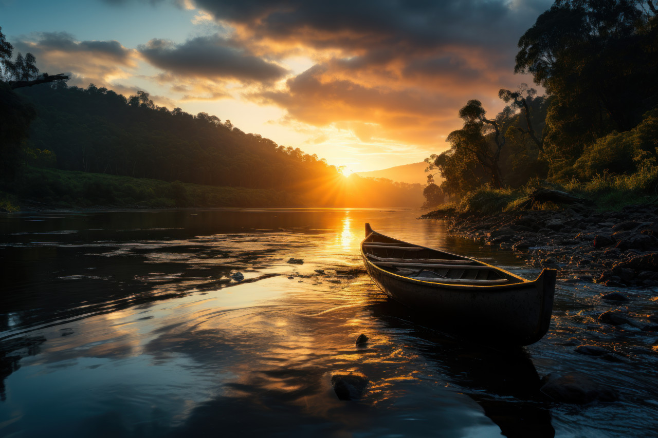 Canoe at rest on river sunset, beautiful sunrise image