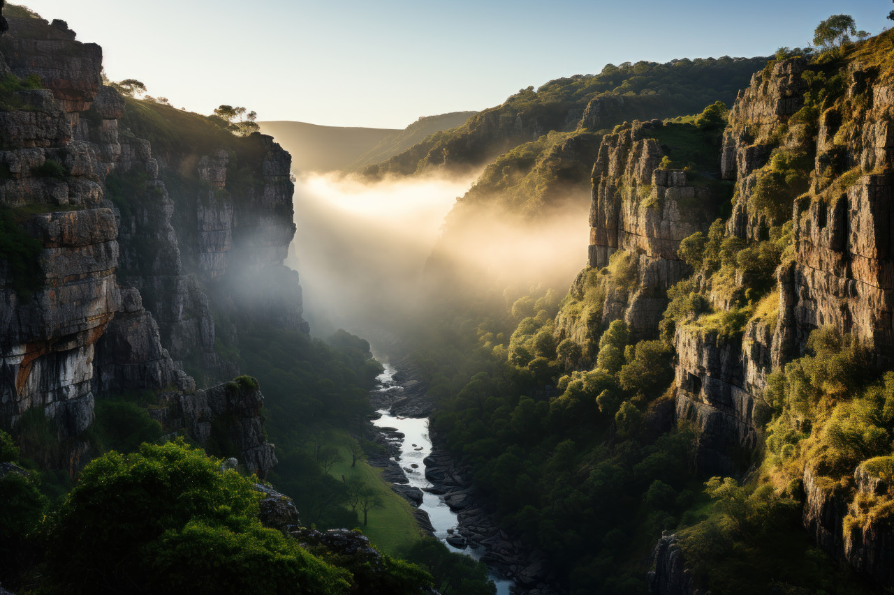 Misty cliffs awash in morning light, beautiful sunrise image