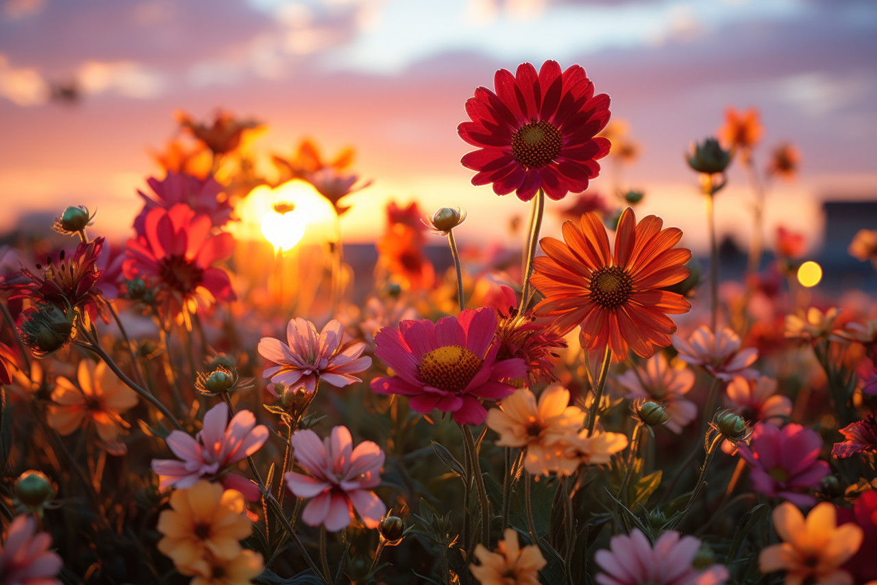 Sunset warm embrace on field of wildflowers, beautiful sunrise image