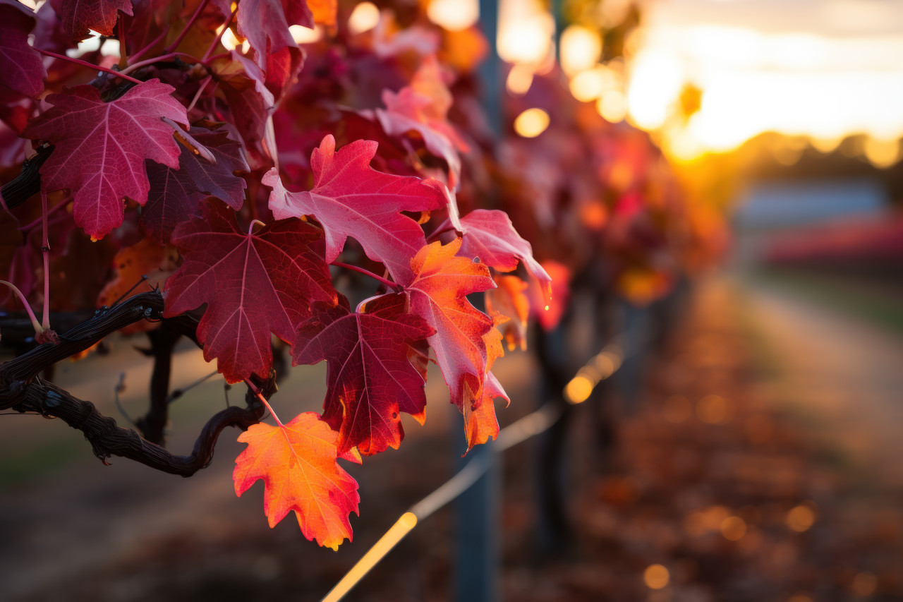 Vineyard autumn leaves aglow at sunset, beautiful sunrise image