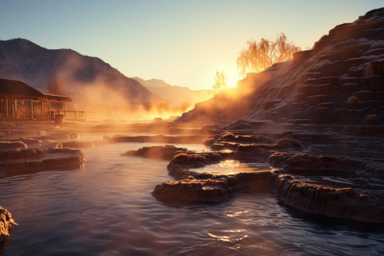 Tranquility in hot spring ambiance, beautiful sunrise image