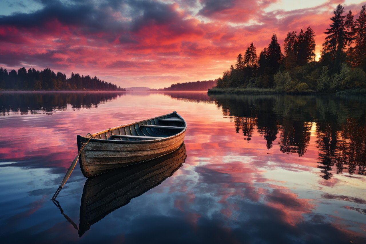Serene rowboat on quiet lake sunrise, beautiful sunrise image