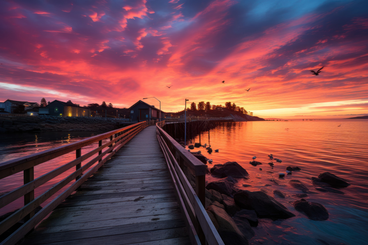 Seagulls grace coastal pier in colorful sky, beautiful sunrise image