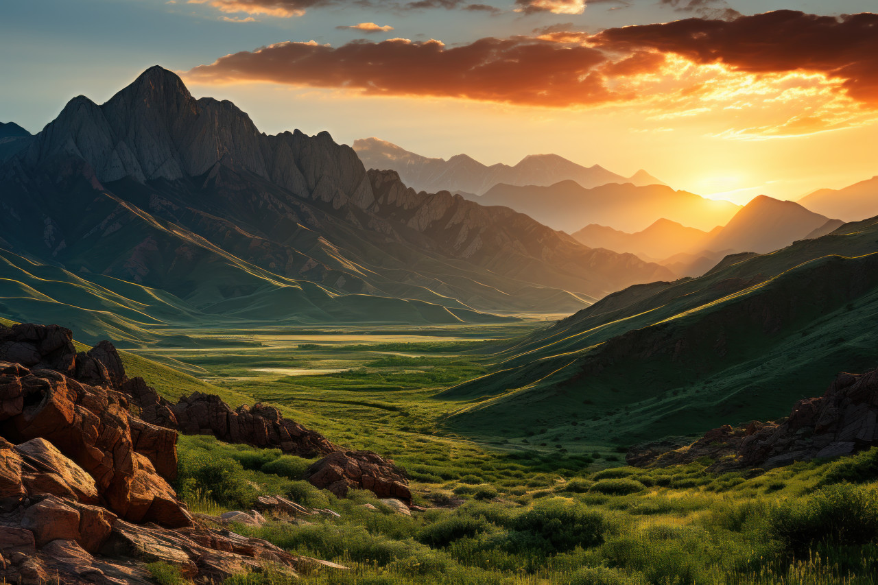 Mountain range casting valley twilight, beautiful sunrise image