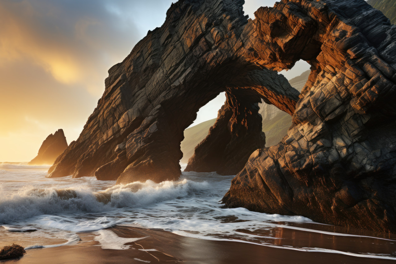 Waves embracing cliffs in sunrise glow, sunrise and sunset wallpaper