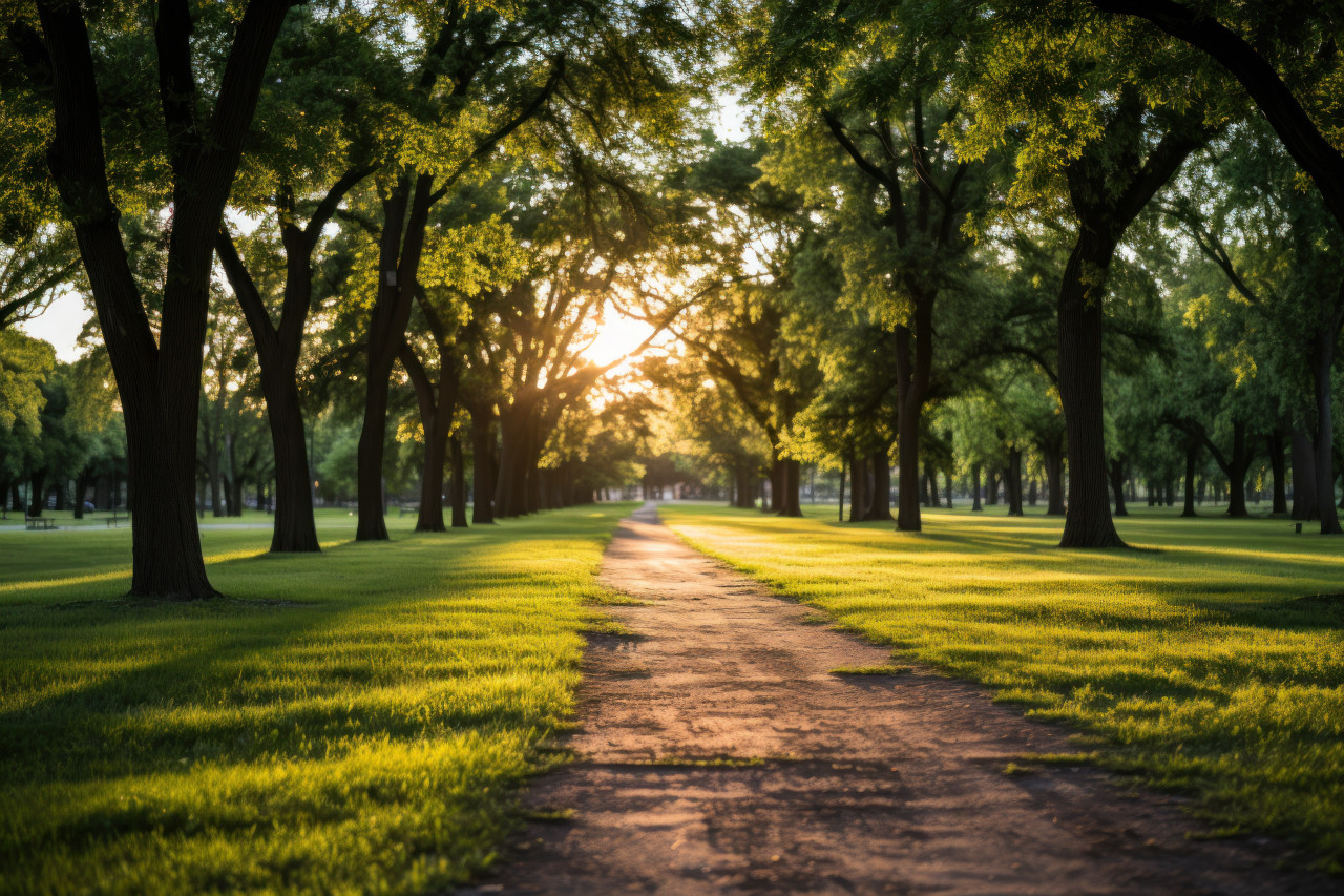 City park long shadows in sunset glow, beautiful sunrise image