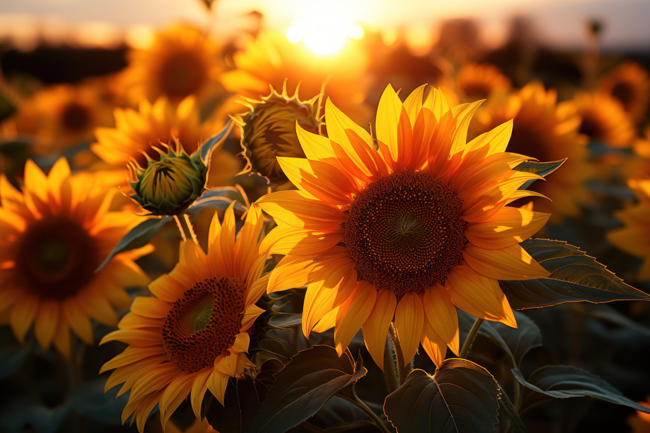 Sunflowers morning embrace on flowering fields, beautiful sunrise image