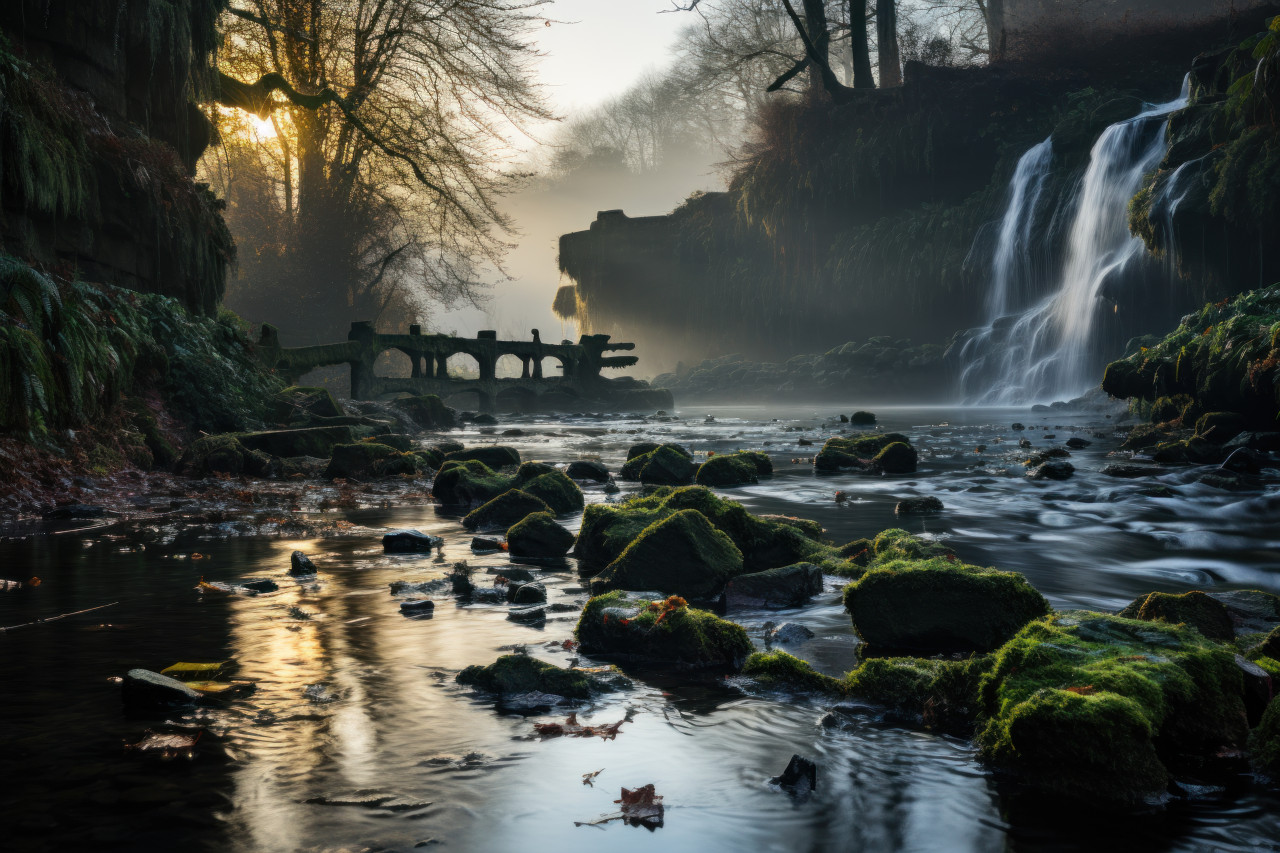 Revealing enchanted waterfall cascades, beautiful sunrise image