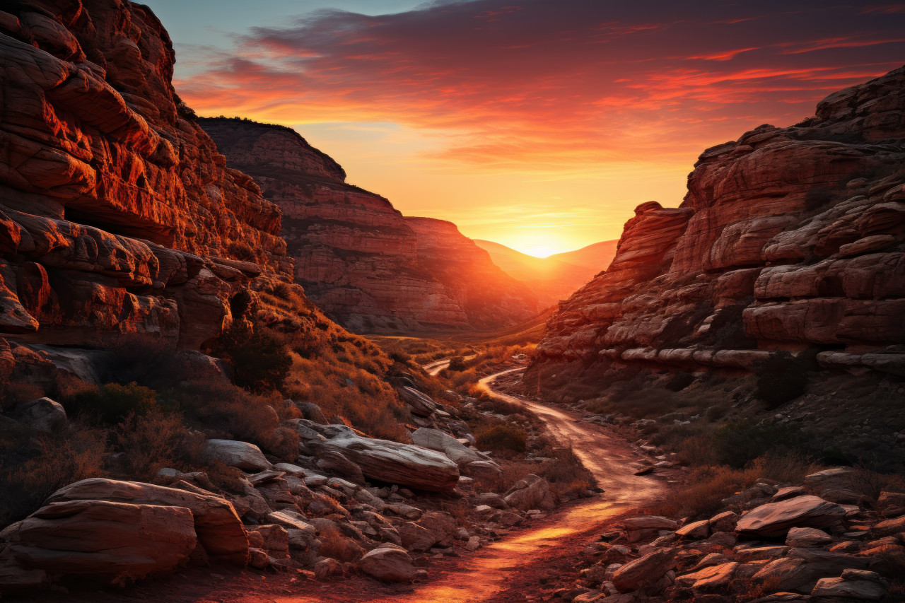 Last light tapestry on canyon walls, beautiful sunrise image