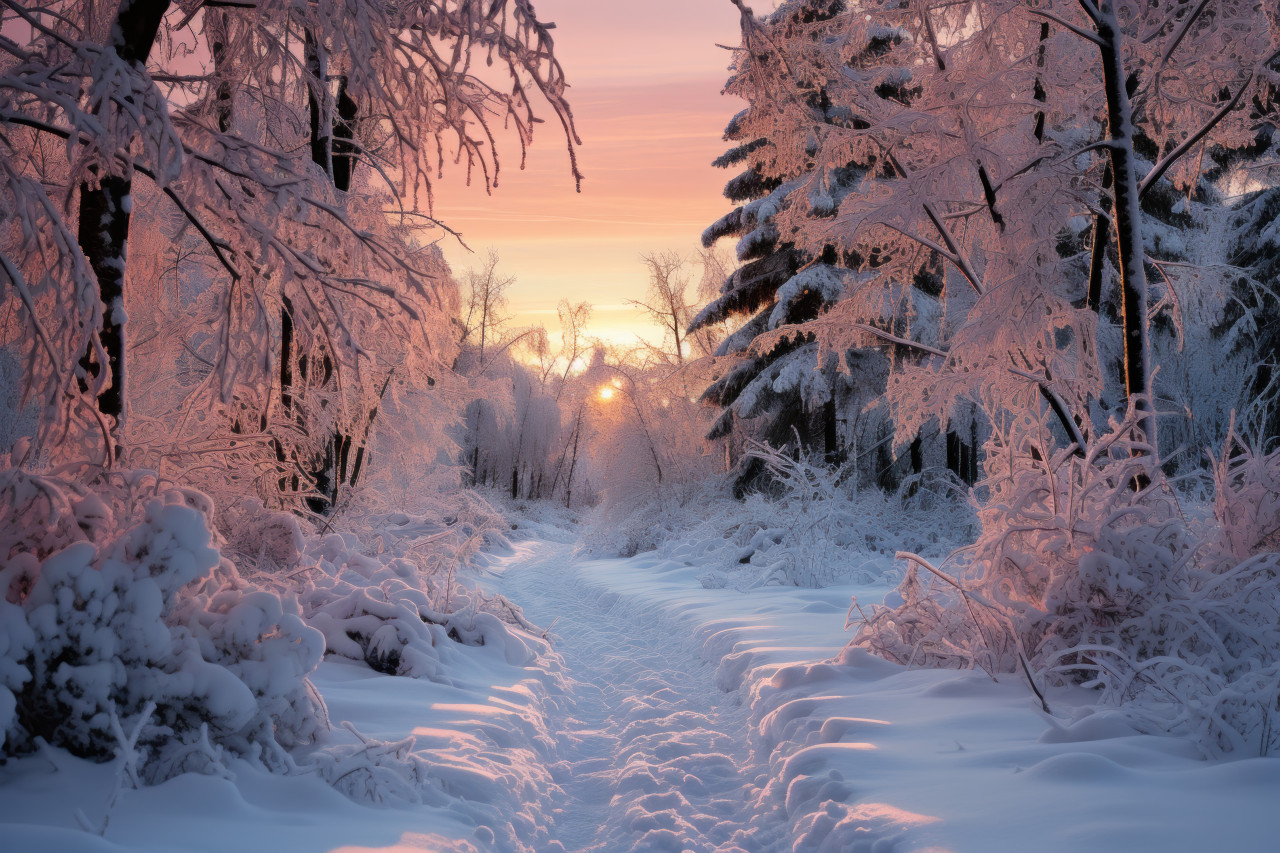 Snow clad forest bathed in morning glow, beautiful sunrise image