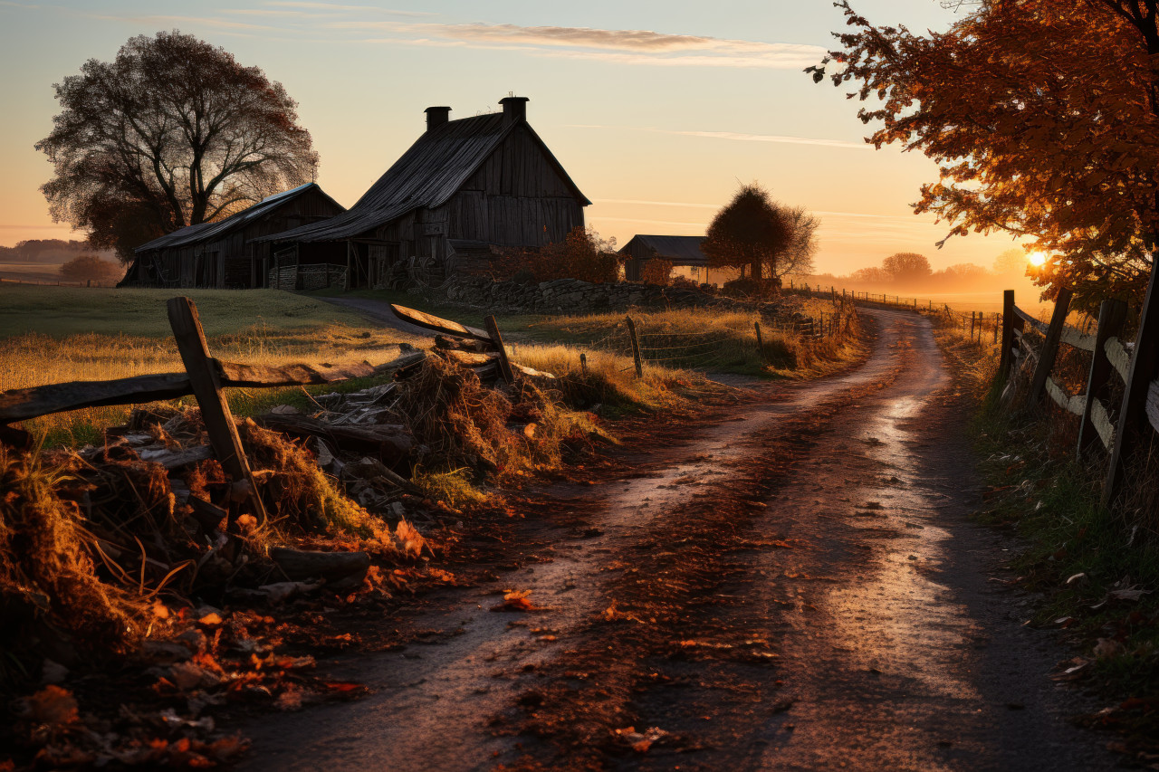 Tranquil countryside in autumnal glow, beautiful sunrise image