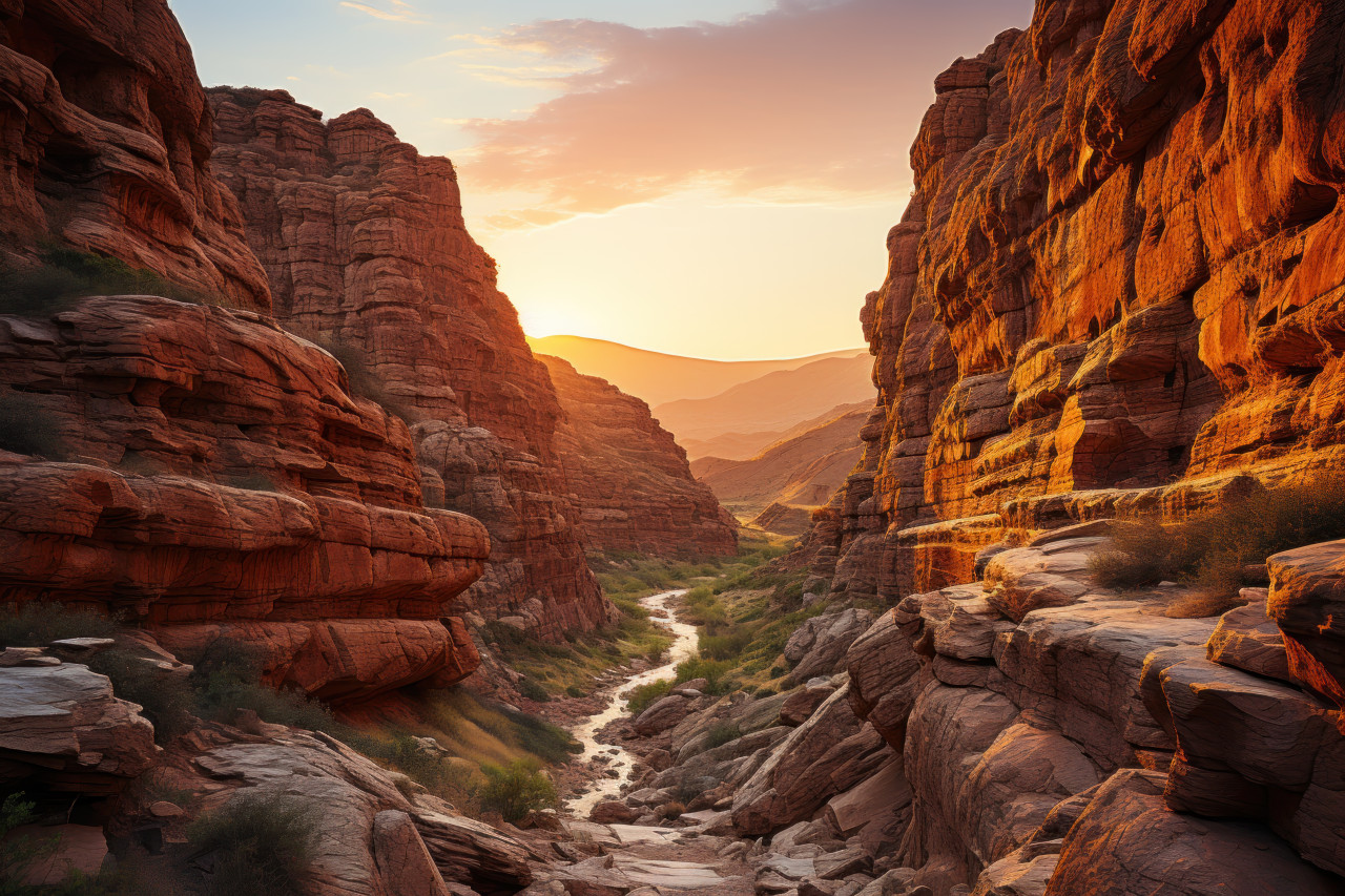 Sunset embrace on desert canyon rocks, beautiful sunrise image