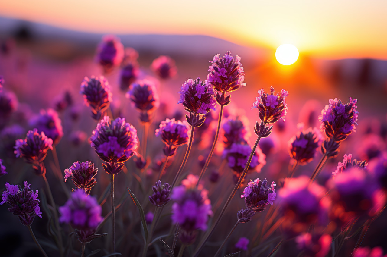 Evening symphony sun magic on lavender field, beautiful sunrise image
