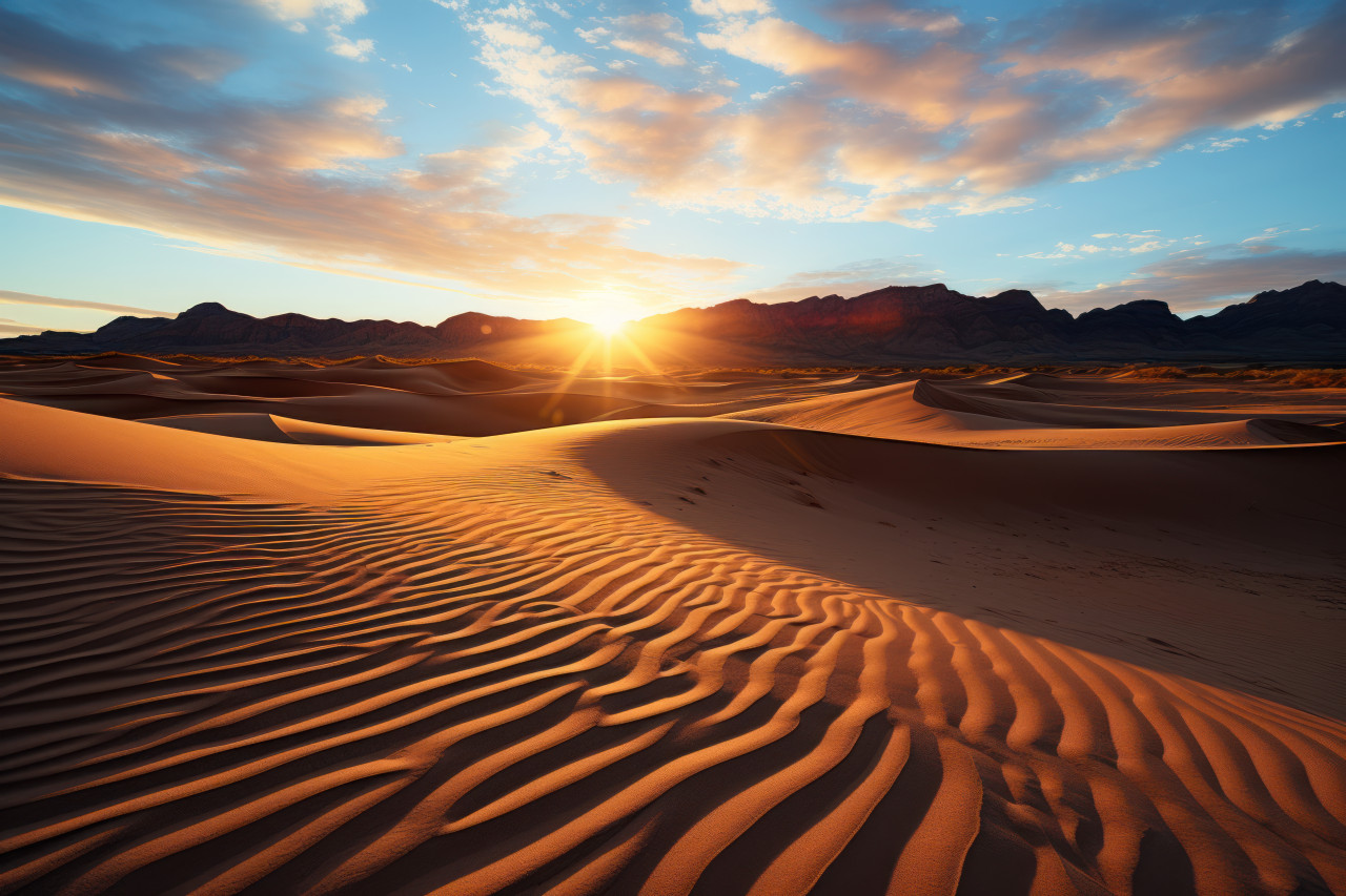 Sunrise mirage ethereal glow embracing desert, beautiful sunrise image