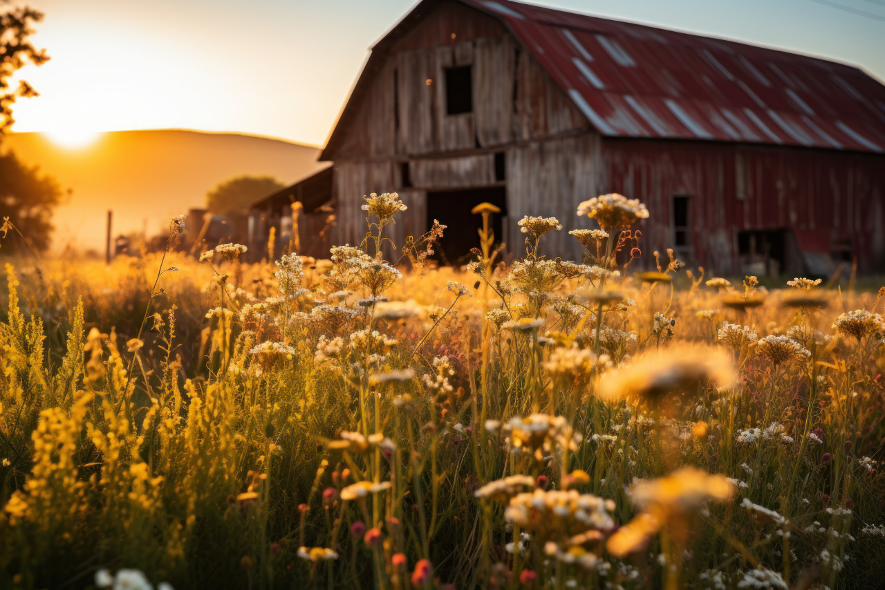 Countryside barn amid morning wildflower field, beautiful sunrise image