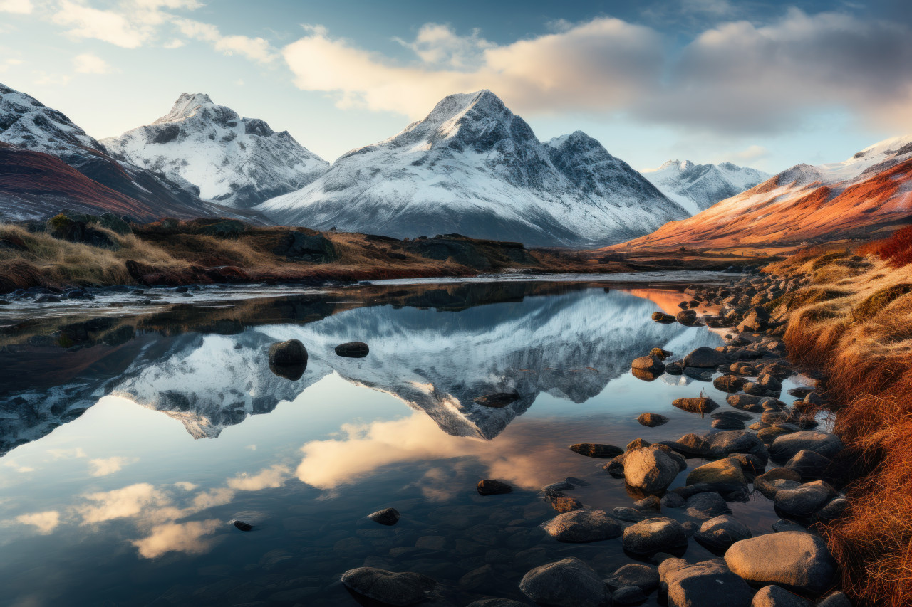 Morning reflection twin peaks in lake sunrise mirror, beautiful sunrise image