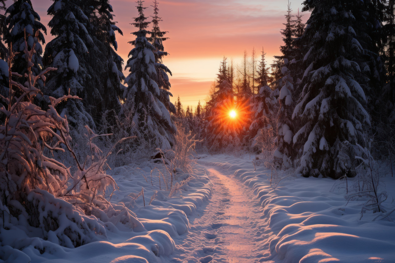 Snowbound serenade sun radiance on alpine woods, beautiful sunrise image