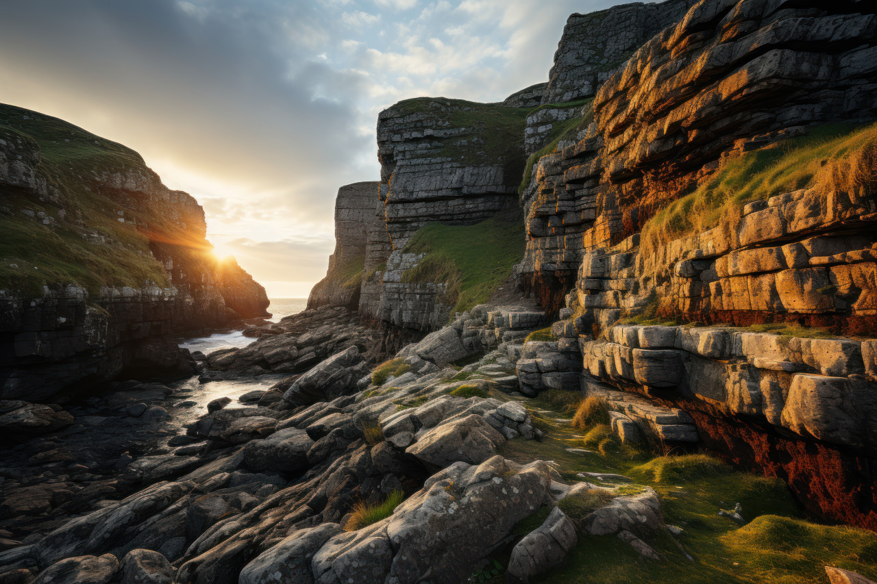 Morning grandeur sunrise reveals seaside cliffs beauty, beautiful sunrise image