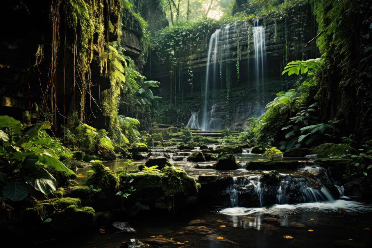 Foliage radiance first light embrace on serene waterfall, beautiful sunrise image