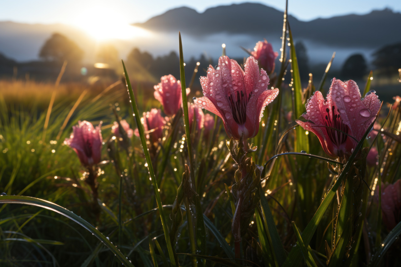 Mountain meadow dewy brilliance, beautiful sunrise image