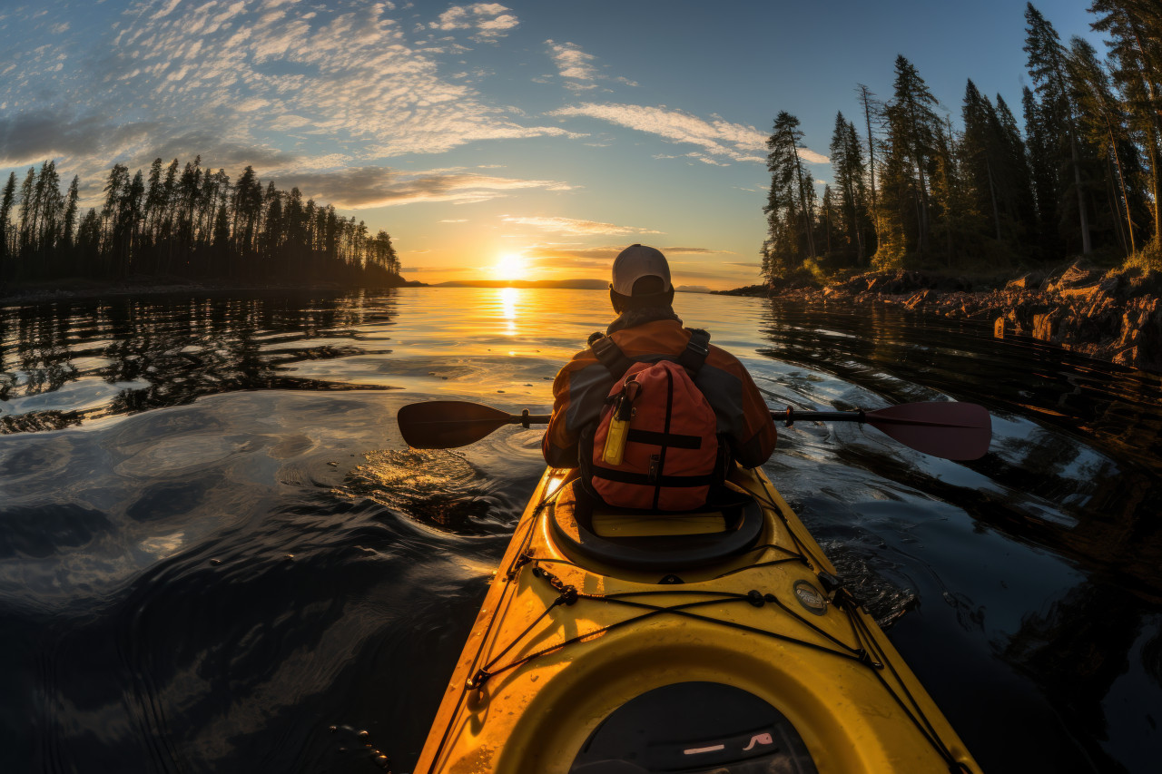 Sunrise sojourn paddling into morning calm, beautiful sunrise image