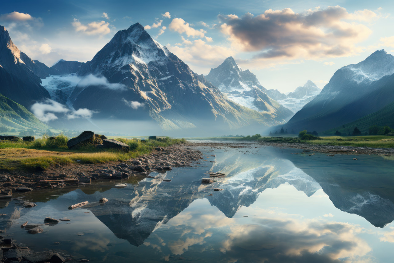 Misty sunrise echoing mountain silhouette, beautiful sunrise image