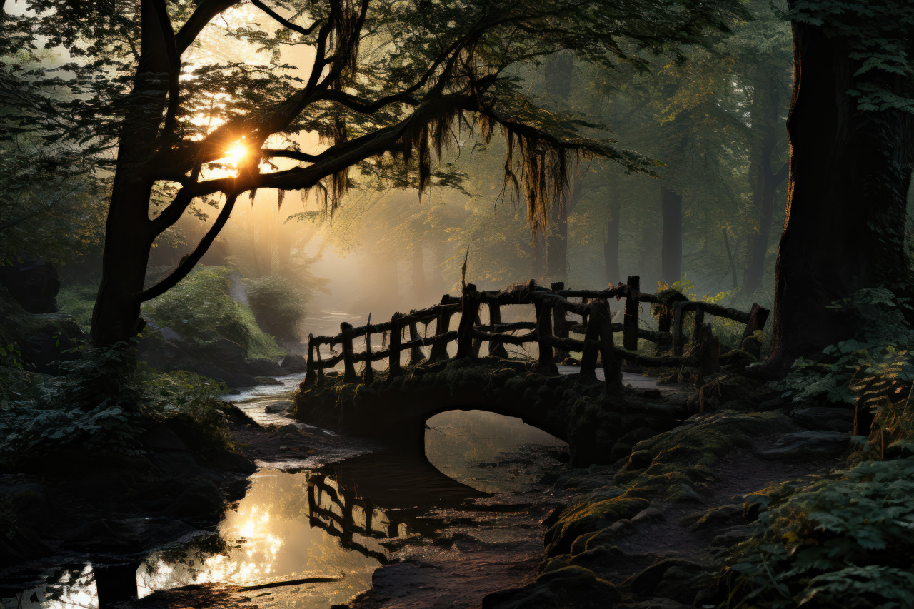 Wooden bridge in misty sunrise, beautiful sunrise image