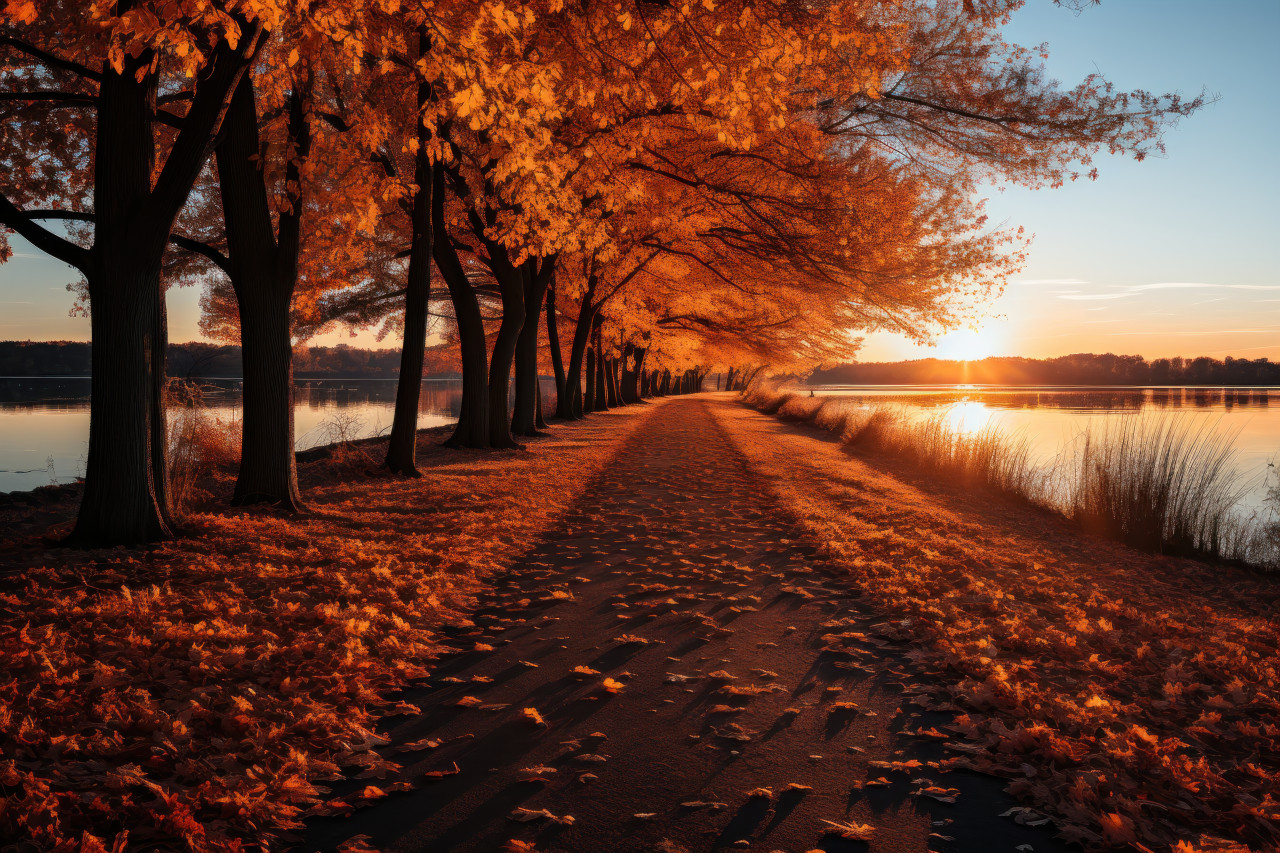 Long shadows amidst fiery foliage, beautiful sunrise image