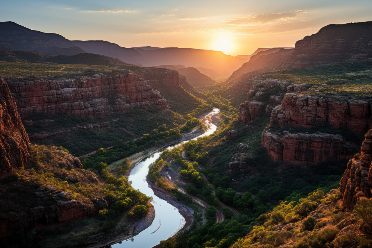 Evening reflections river grace in canyon sunset hue, beautiful sunrise image