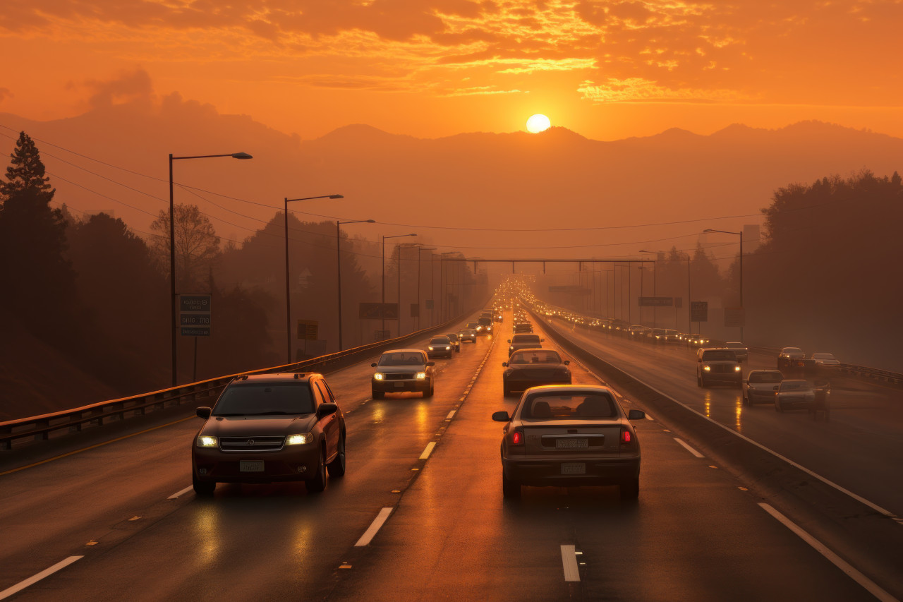 Cars amidst highway sunset hues, beautiful sunrise image