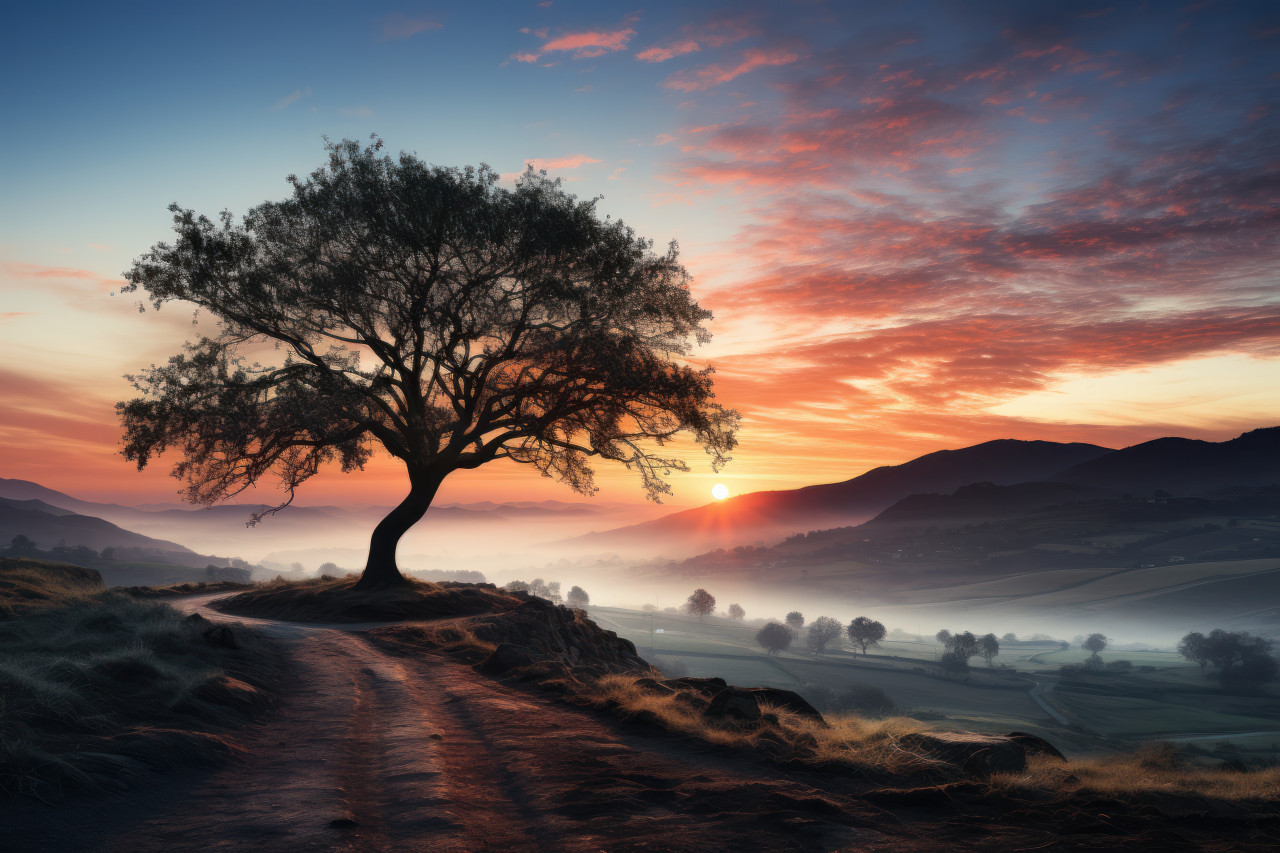 Reverie lone tree in serene mist, beautiful sunrise image