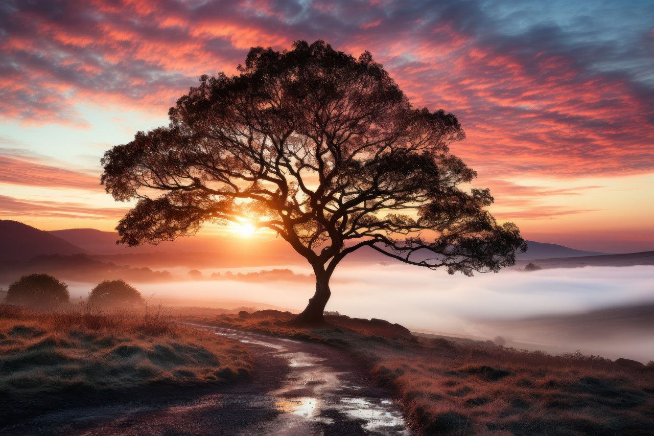Foggy sunrise tree adorning mist covered field, beautiful sunrise image