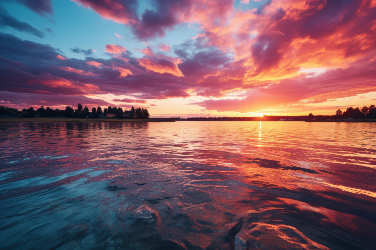 Sunset and lake in vivid display, beautiful sunrise image