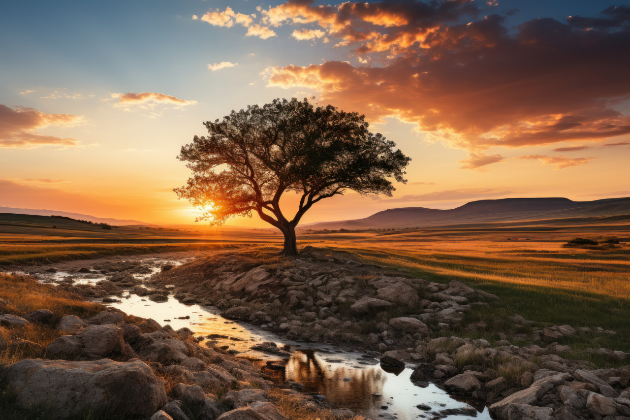 Sunset lone tree in the field twilight, beautiful sunrise image