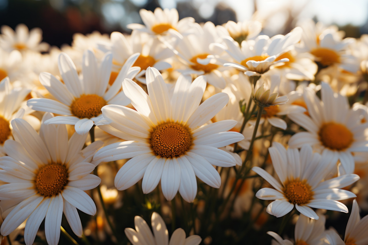Evening elegance sunset illuminating white daisies, beautiful sunrise image