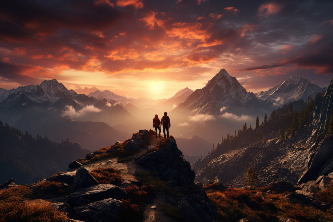 Two adventurers share triumph on mountain top, beautiful sunrise image