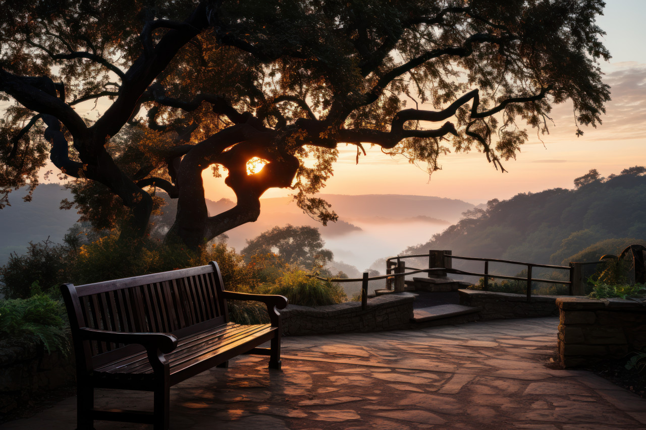 Foggy sunset embraces hilltop bench and tree, beautiful sunrise image