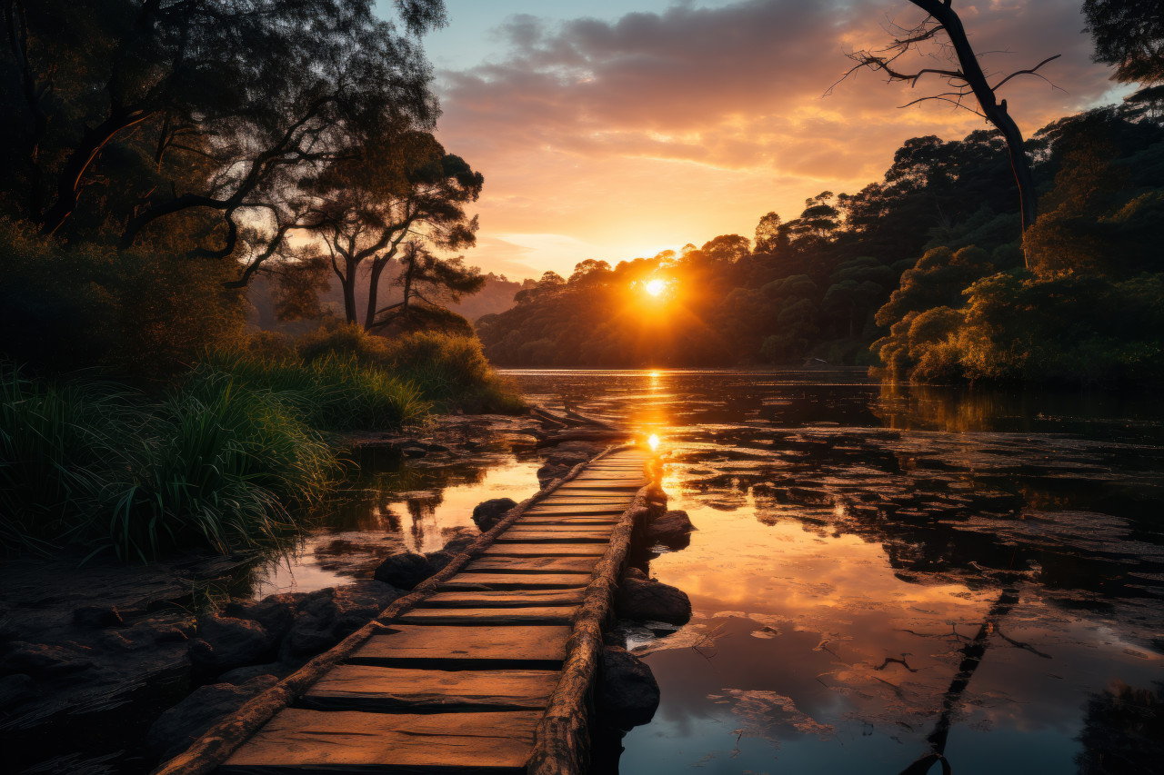 Golden hour serenity sun glow over the lake, beautiful sunrise image