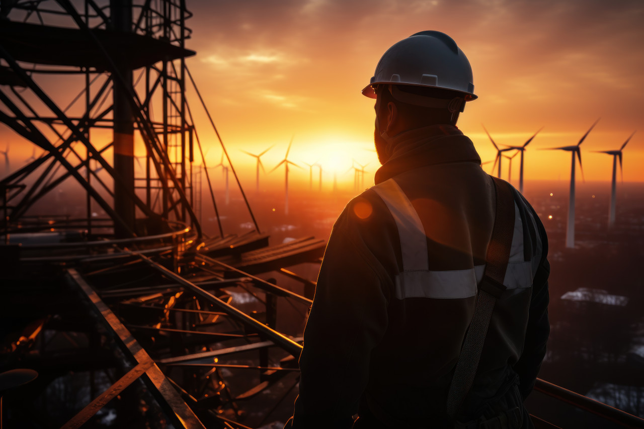 Sunset survey man in safety gear inspects windmill, beautiful sunrise image