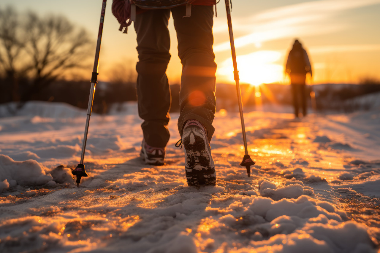 Ski gear feet walking in snowy sunset, beautiful sunrise image