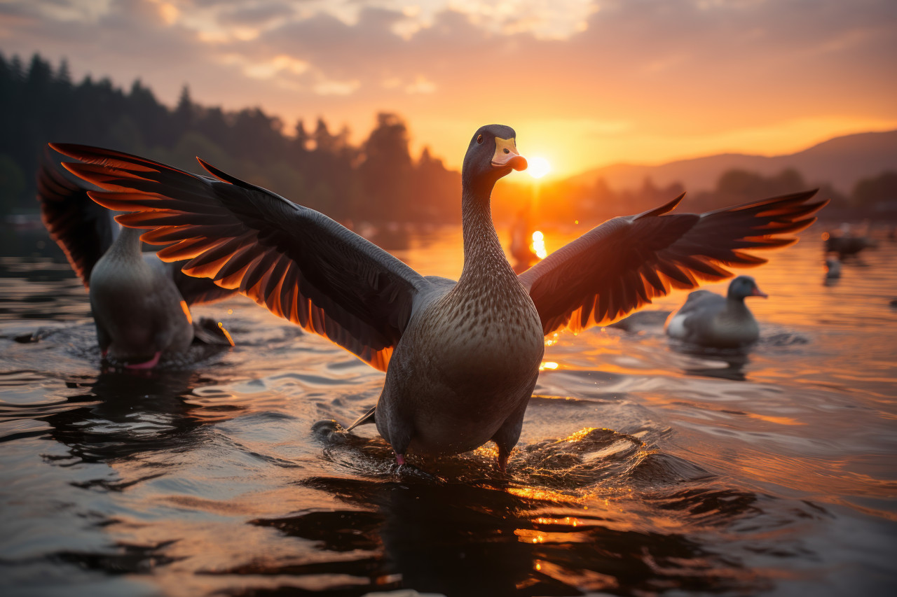 Geese flock in aerial dance above lake, beautiful sunrise image