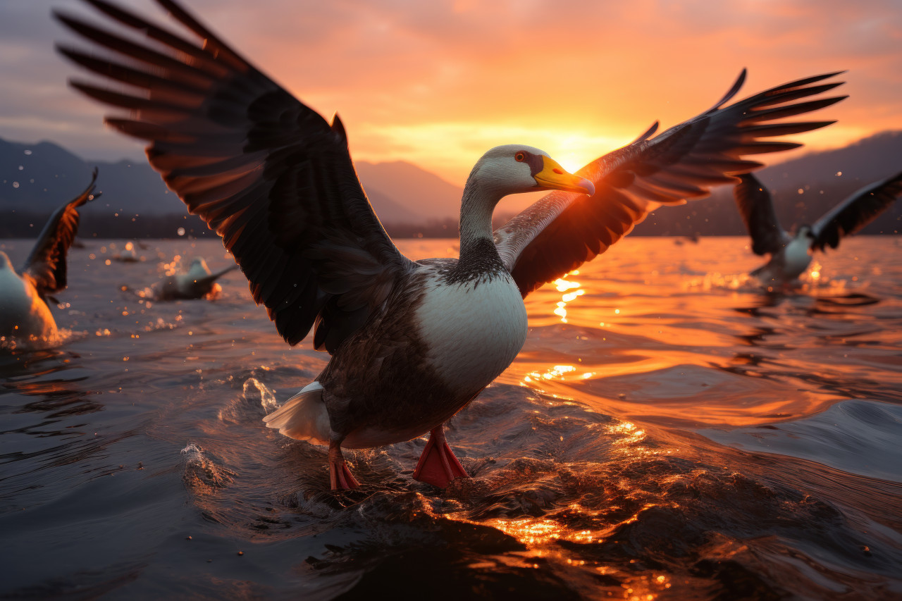 Abundance of geese in sunset flight, beautiful sunrise image